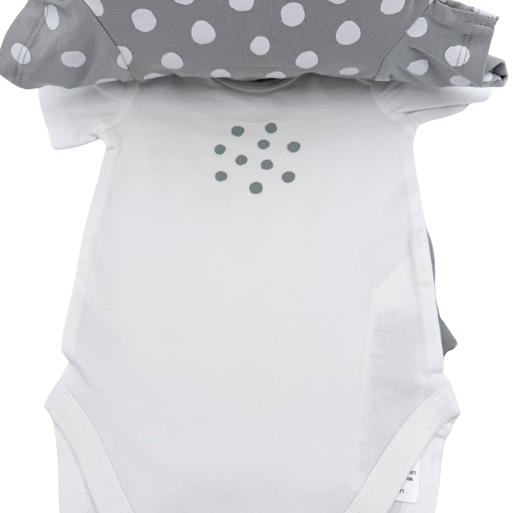 Lot de 3 bodies gris et blancs à pois  — 1 mois