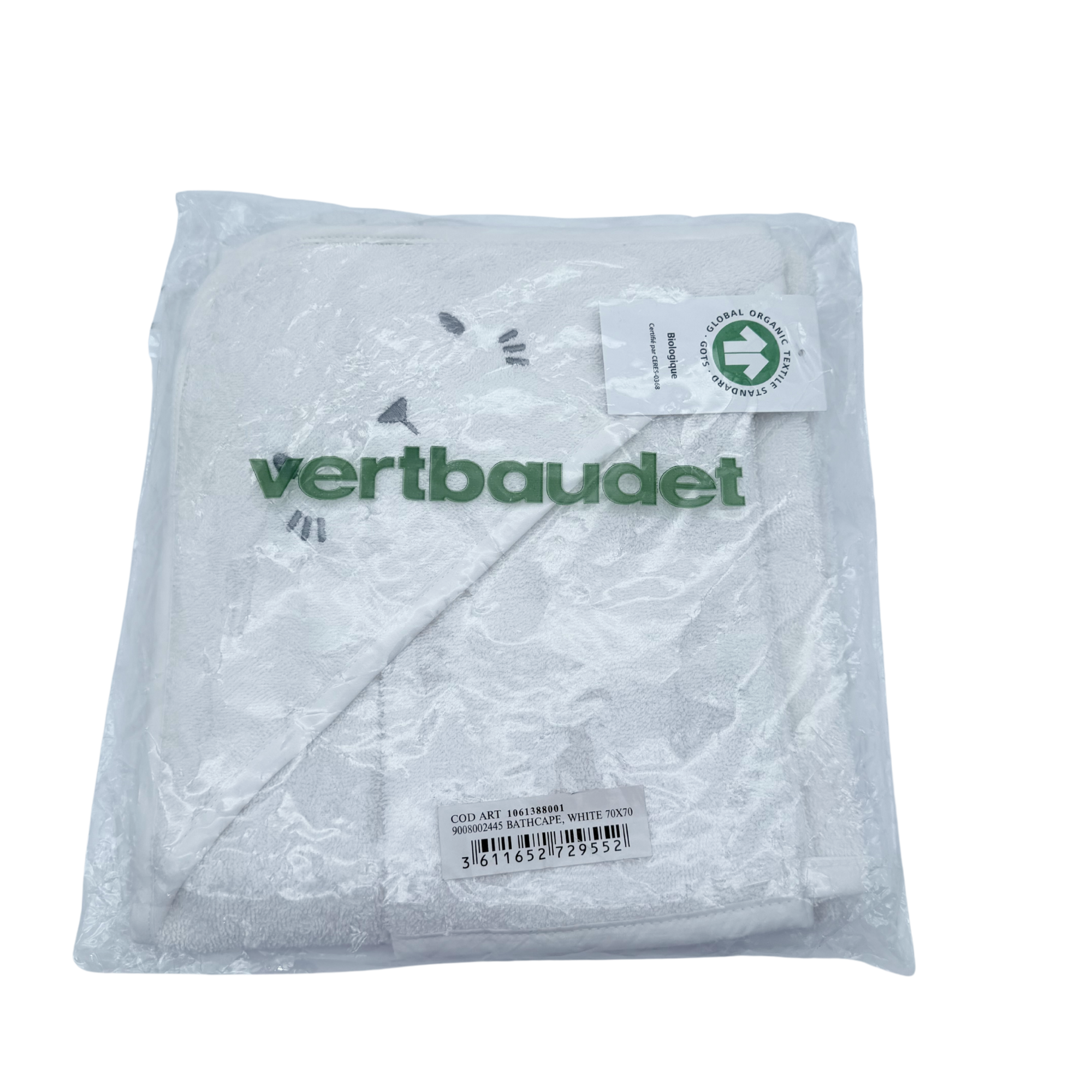 Cape de bain blanche et gant de toilette — 70 x 70 cm