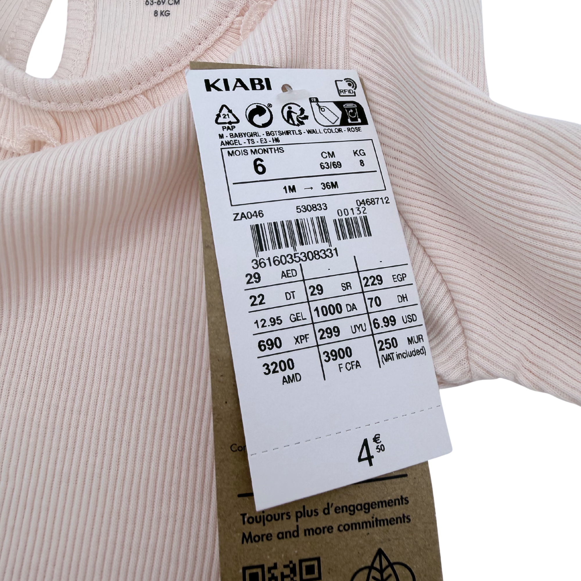 T-shirt rose poudré côtelé à volants — 6 mois