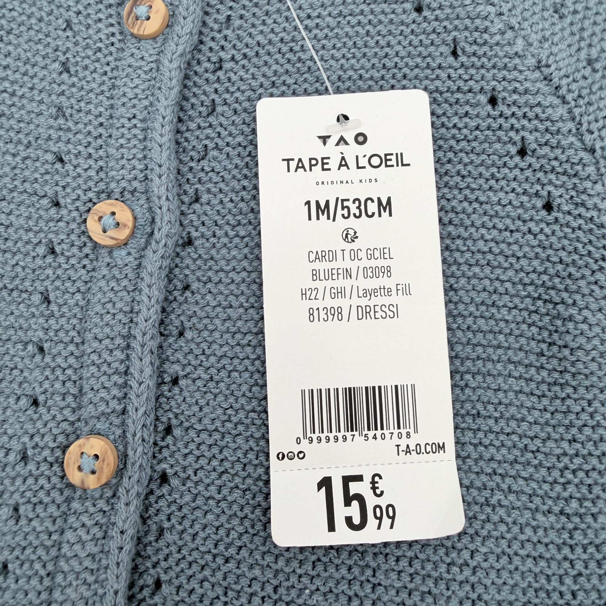 Gilet maille bleu pétrole boutonné — 1 mois
