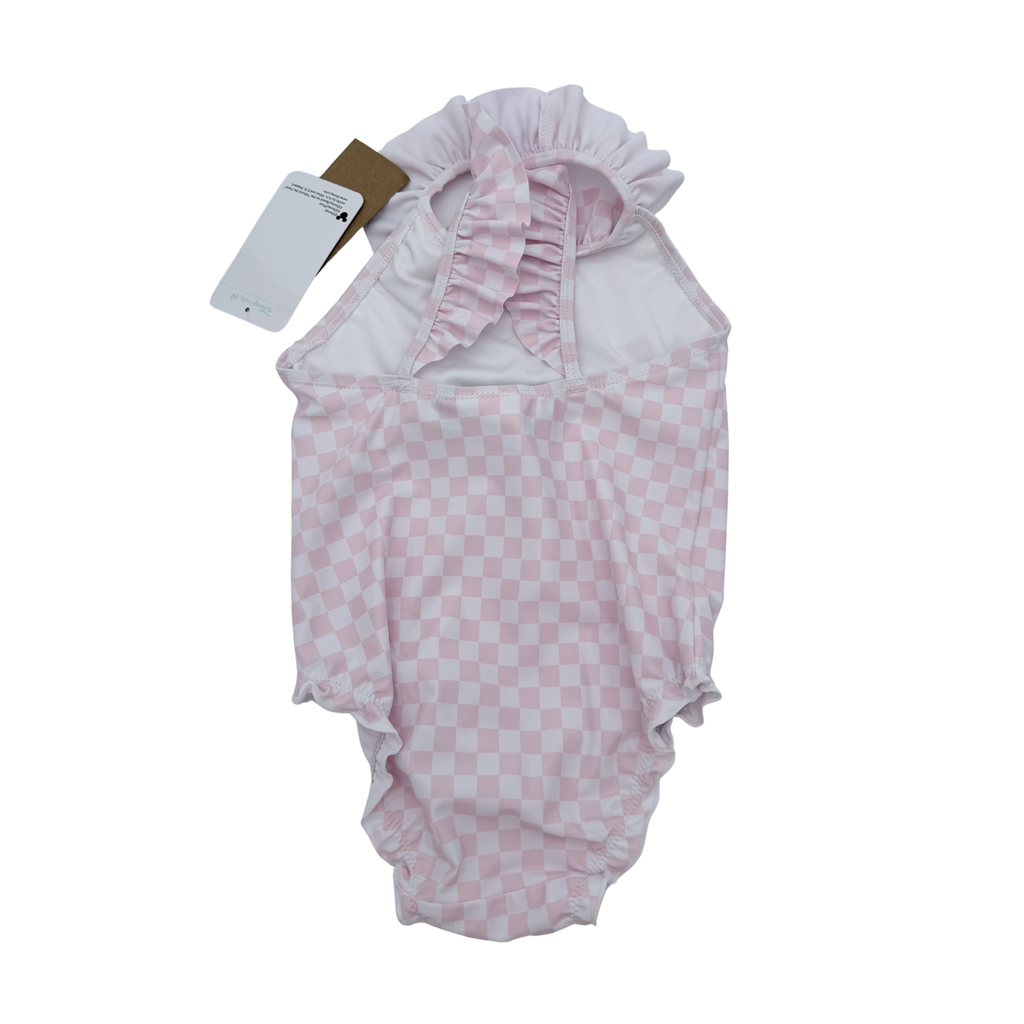 Maillot de bain rose à carreaux et volants — 36 mois