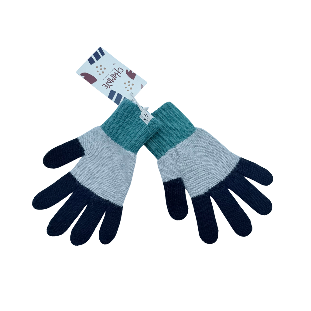 Gants tricolores bleu marine, bleu ciel et vert - 6-10 ans