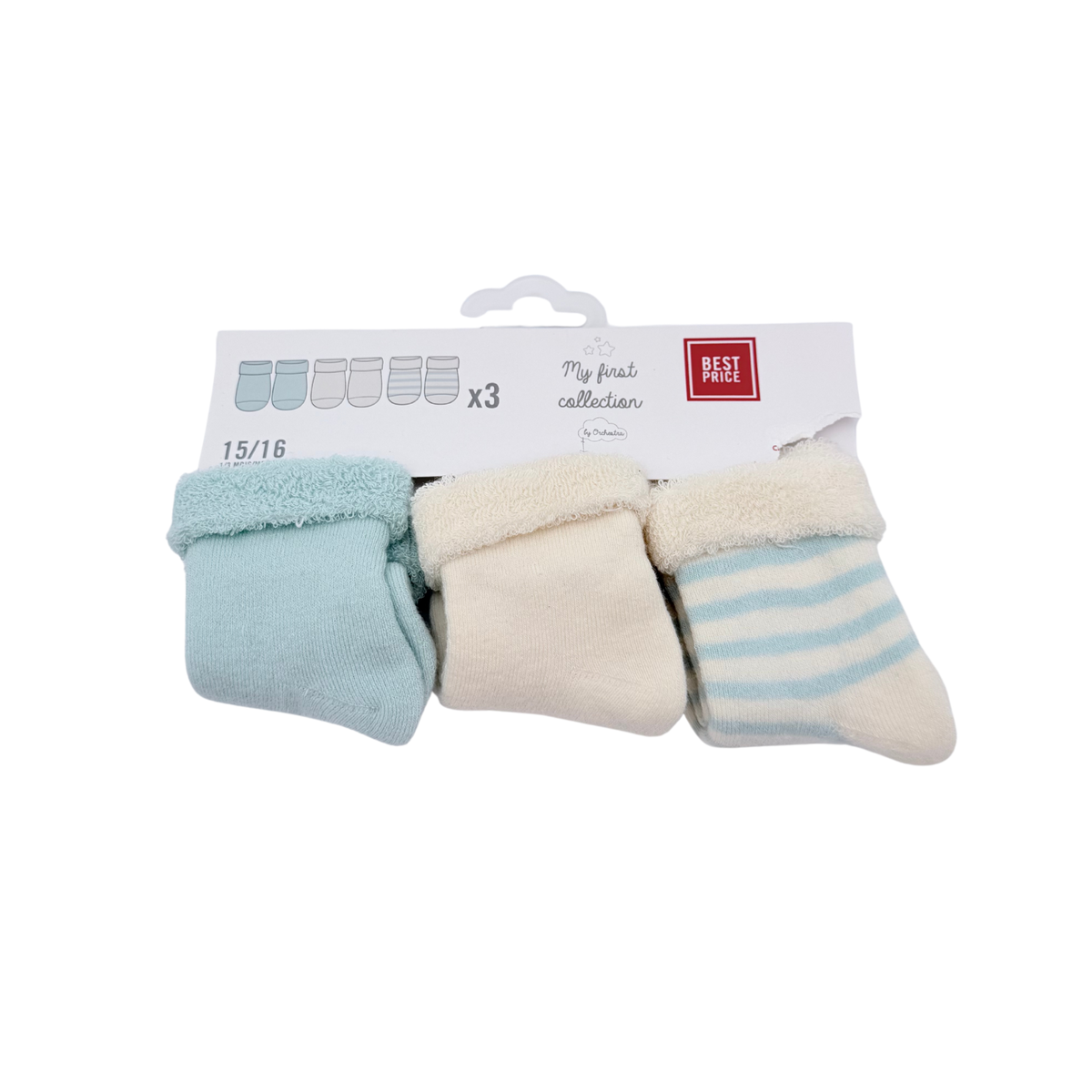 Lot de 3 paires de chaussettes bébé bleu et écru - 15-16
