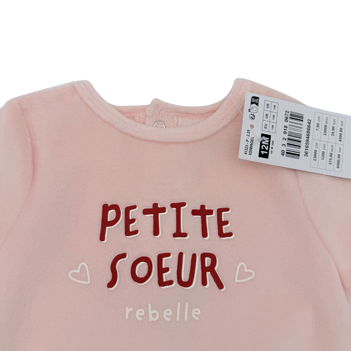 Pyjama bébé rose “Petite sœur rebelle” - 12 mois