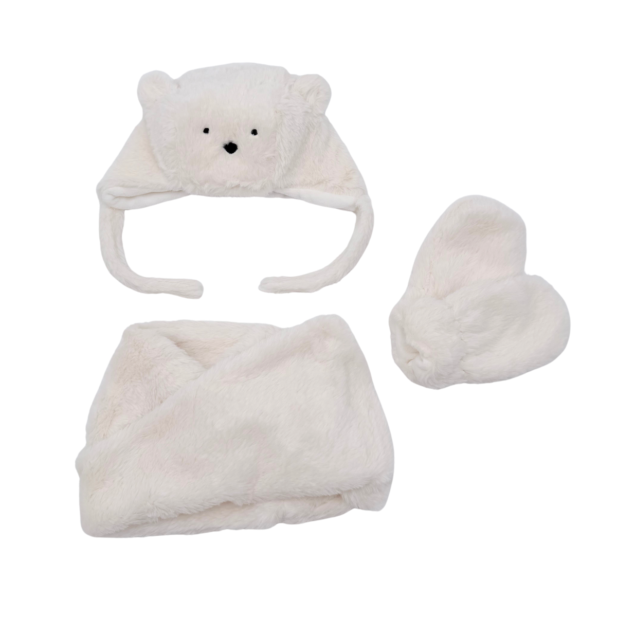 Ensemble bonnet, tour de cou et moufles bébé ours blanc - 12-18 mois