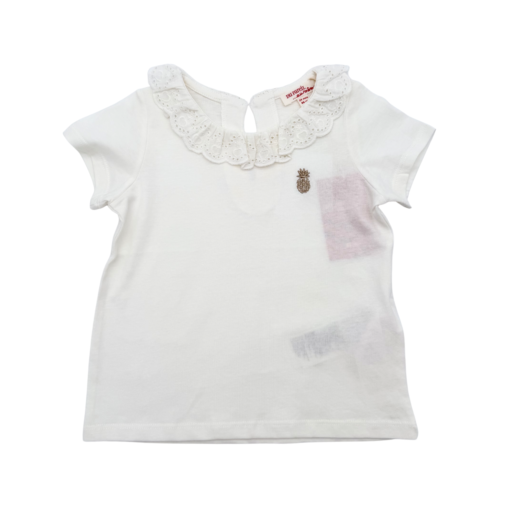 T-shirt blanc col brodé — 24 mois