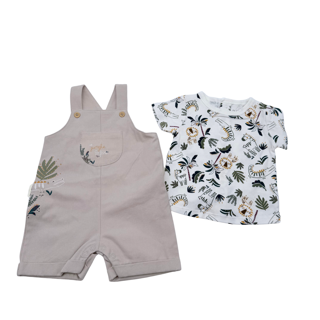 Ensemble salopette courte beige et t-shirt imprimé jungle - 6 mois