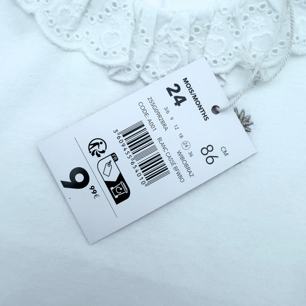 T-shirt blanc col brodé — 24 mois