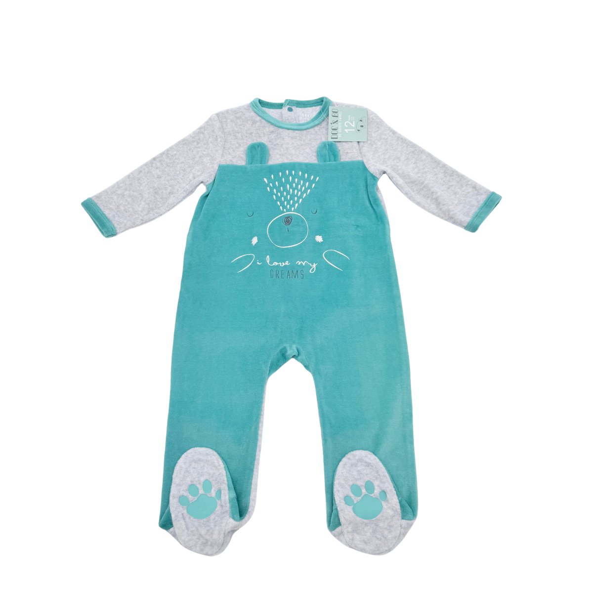 Pyjama bébé turquoise et gris motif ours - 12 mois