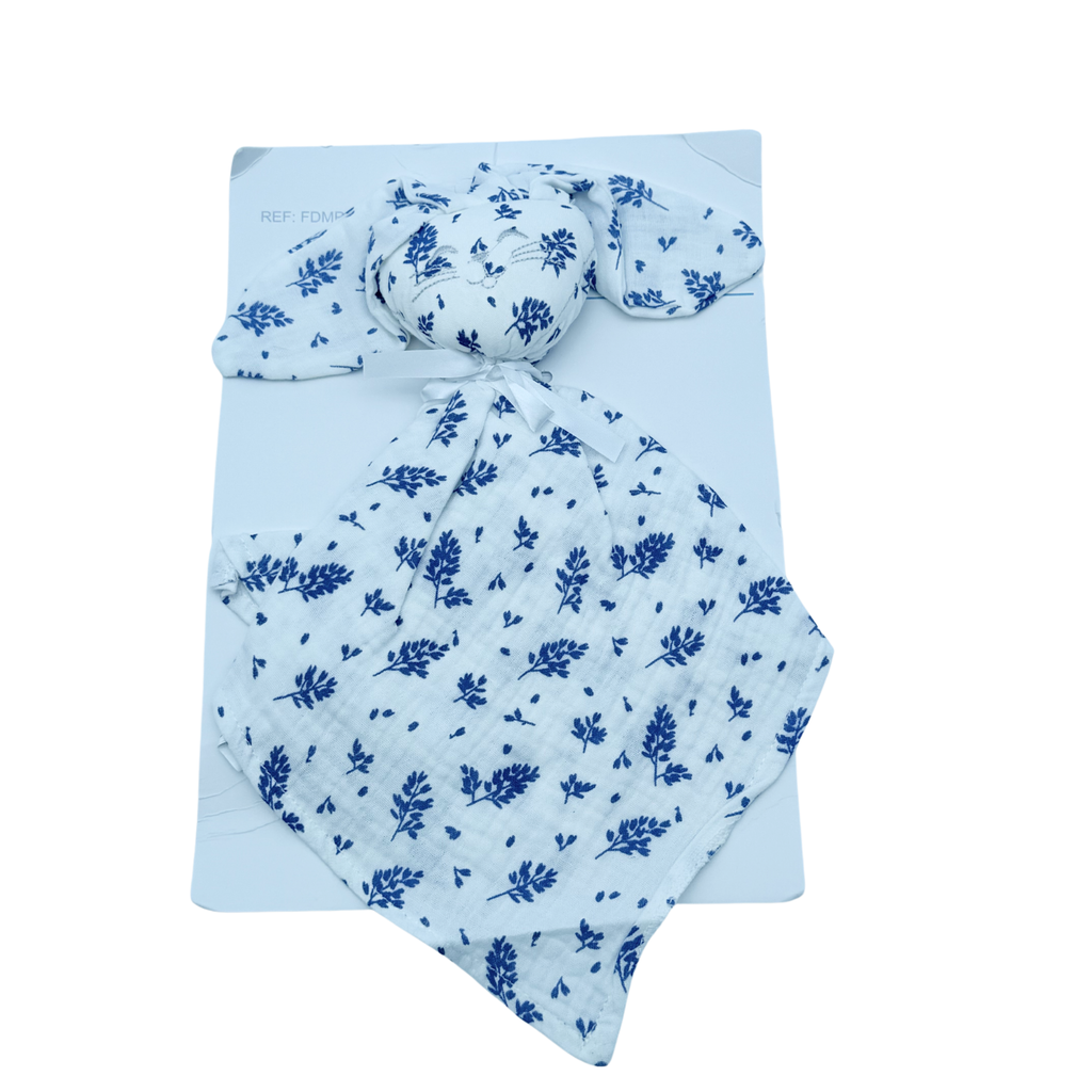 Doudou plat lapin blanc à motifs bleus