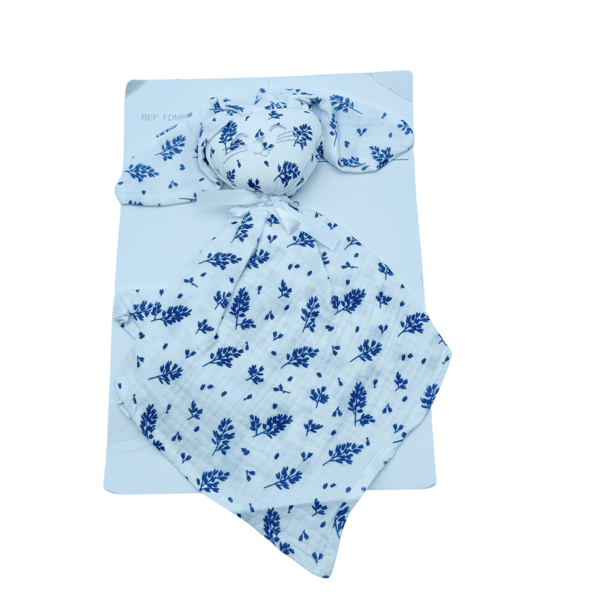 Doudou plat lapin blanc à motifs bleus