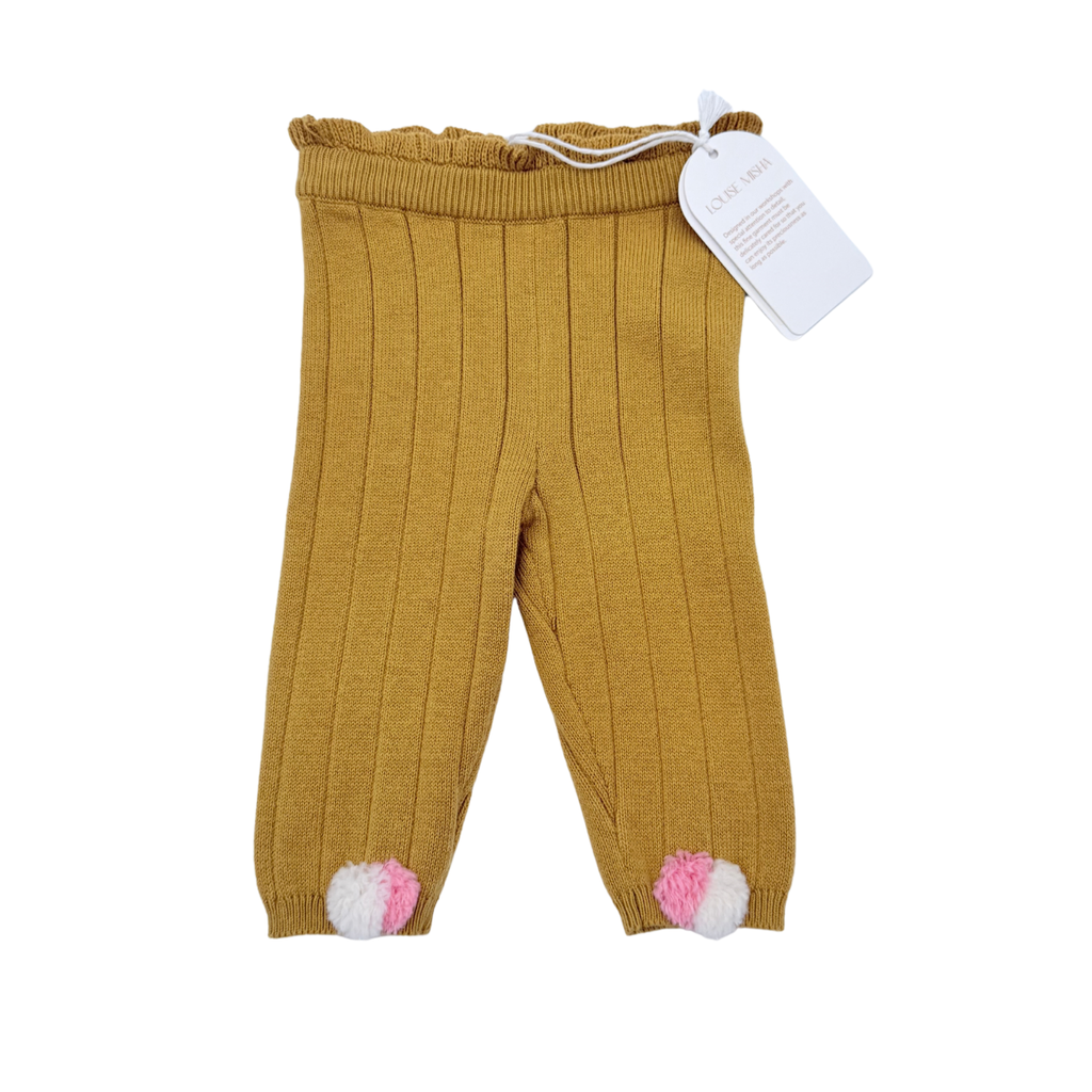 Legging moutarde en maille côtelée avec pompons - 3 mois