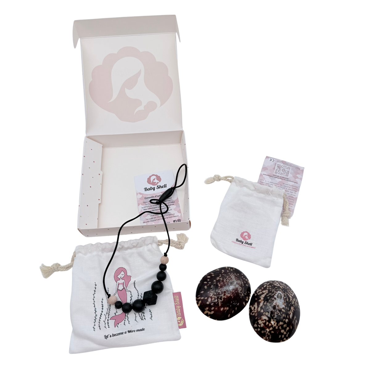 Coffret allaitement collier noir et coquillages naturels – Taille L
