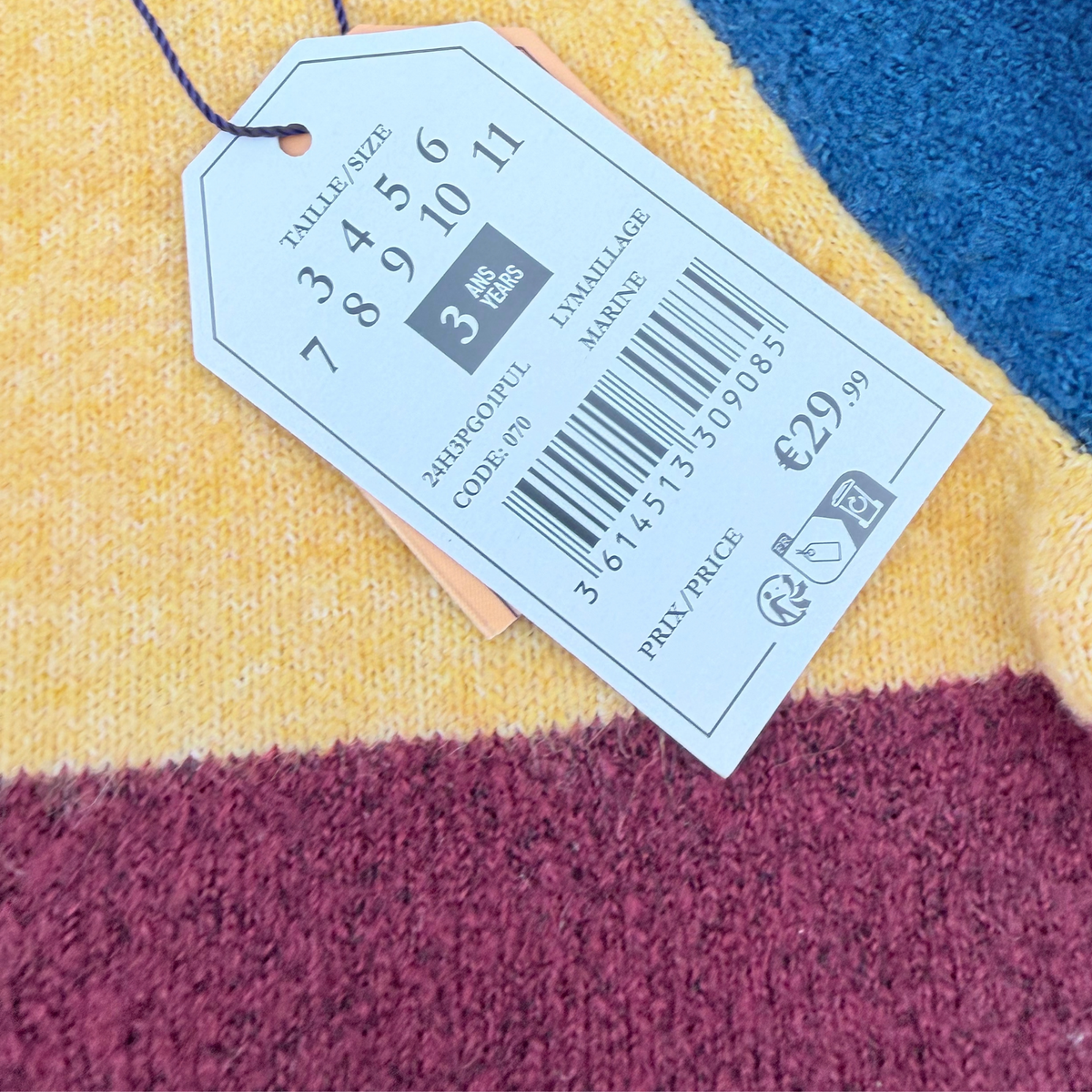 Pull color block marine, moutarde et bordeaux - 3 ans