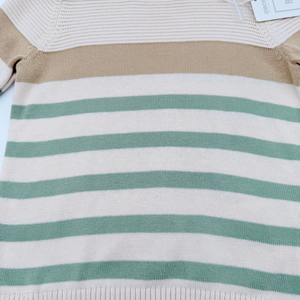 Pull bébé rayé écru et vert en tricot - 6 mois
