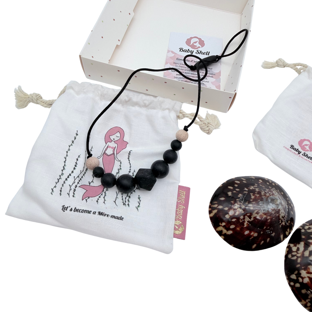 Coffret allaitement collier noir et coquillages naturels – Taille L