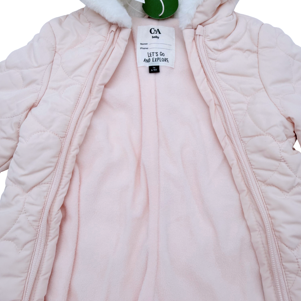 Combinaison pilote bébé rose pâle matelassée à capuche - 6-9 mois