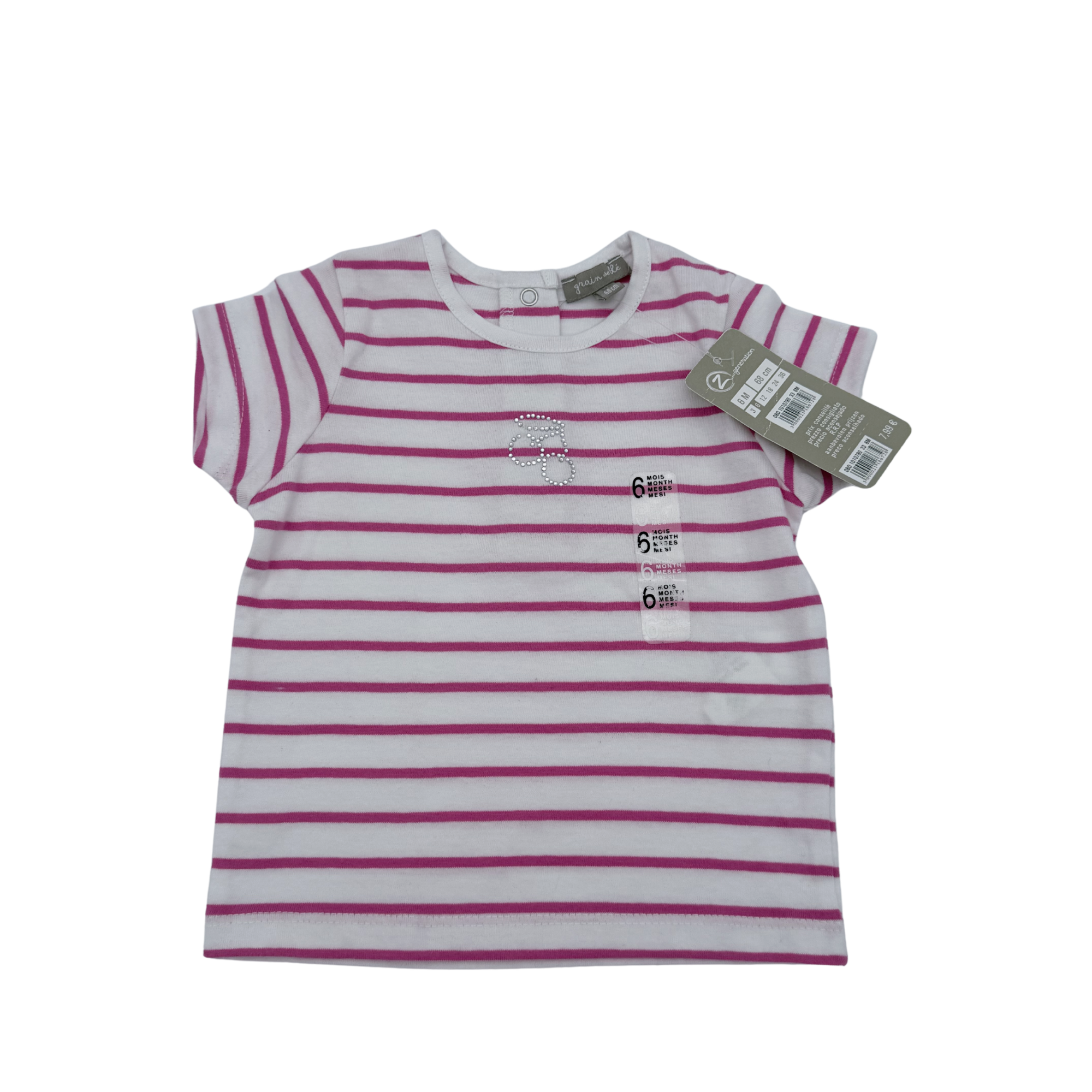 T-shirt blanc rayé rose — 6 mois
