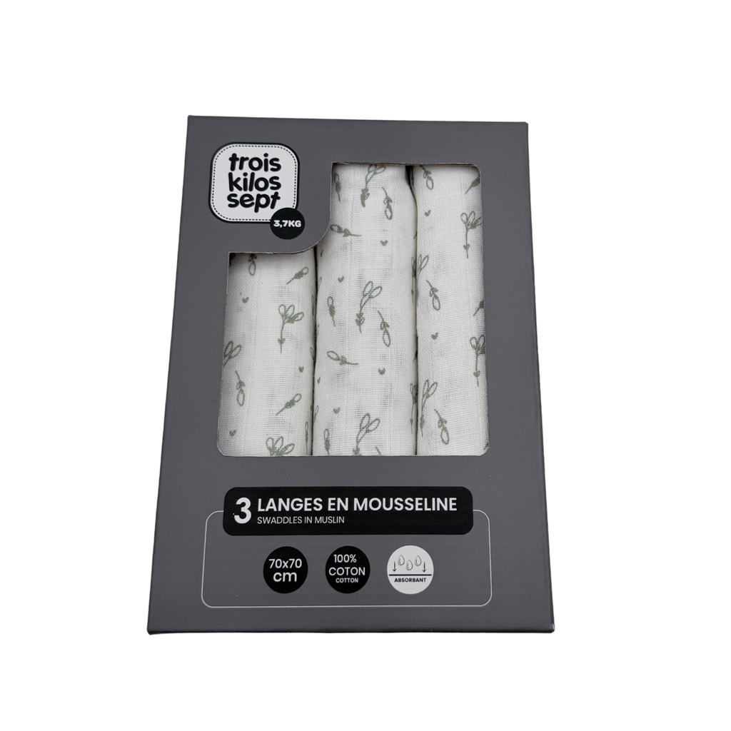 Lot de 3 langes en mousseline – 70 x 70 cm