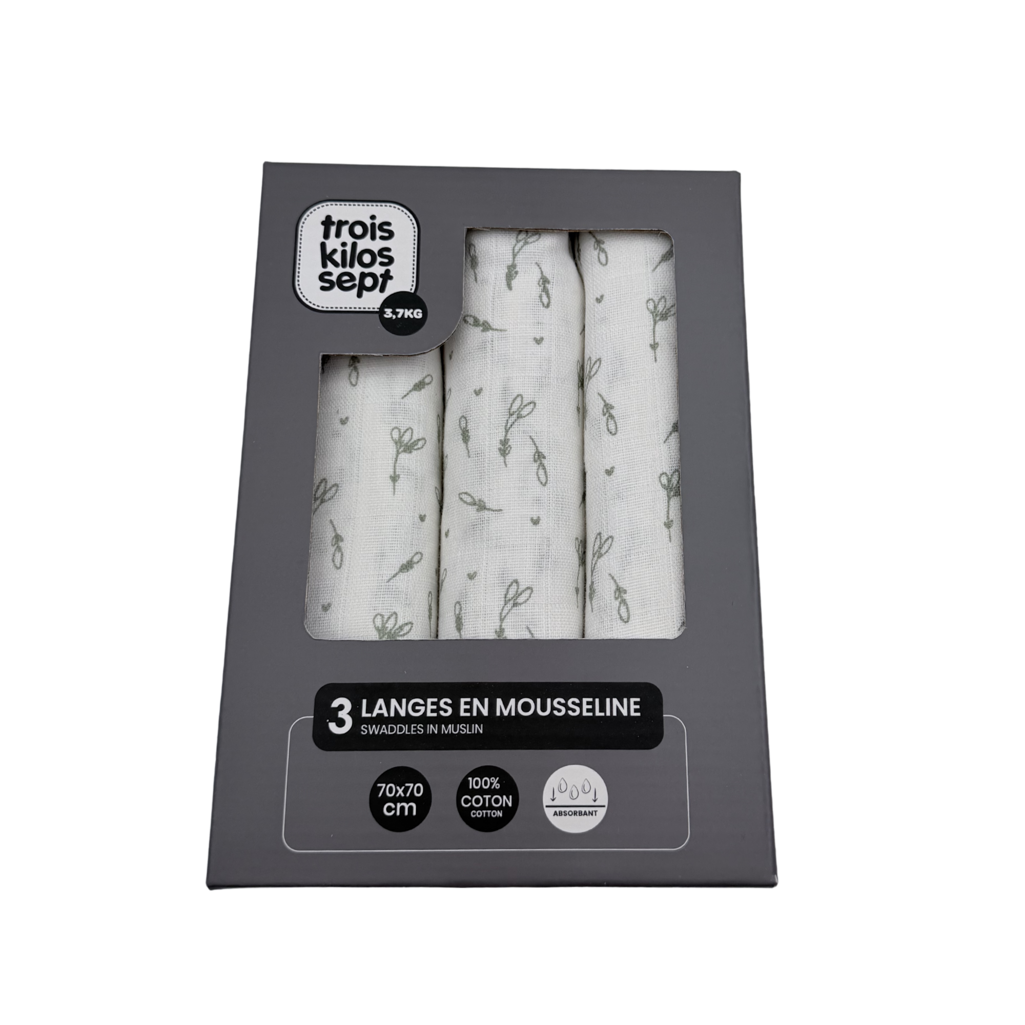 Lot de 3 langes en mousseline – 70 x 70 cm