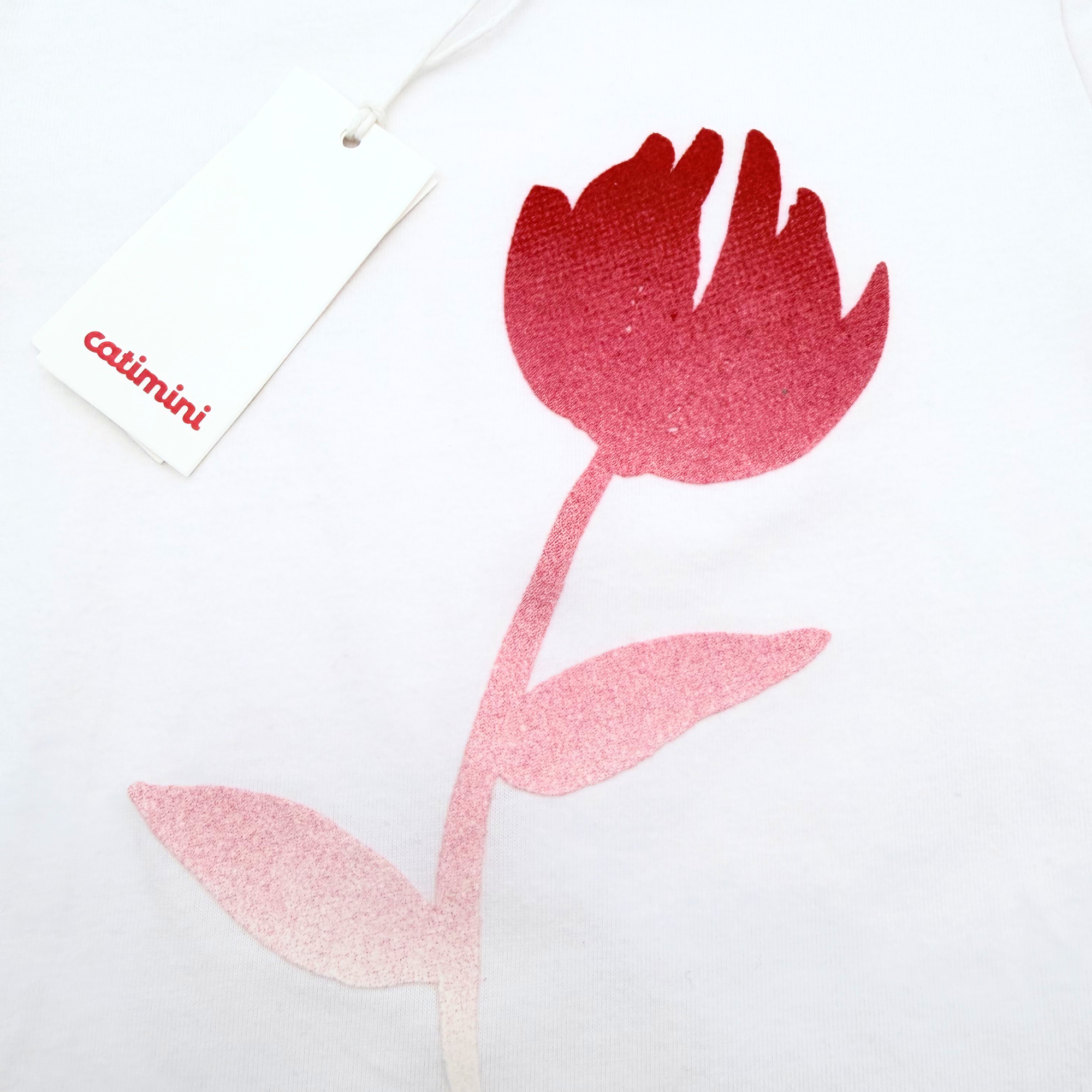T-shirt blanc fleur rose métallisée — 18 mois