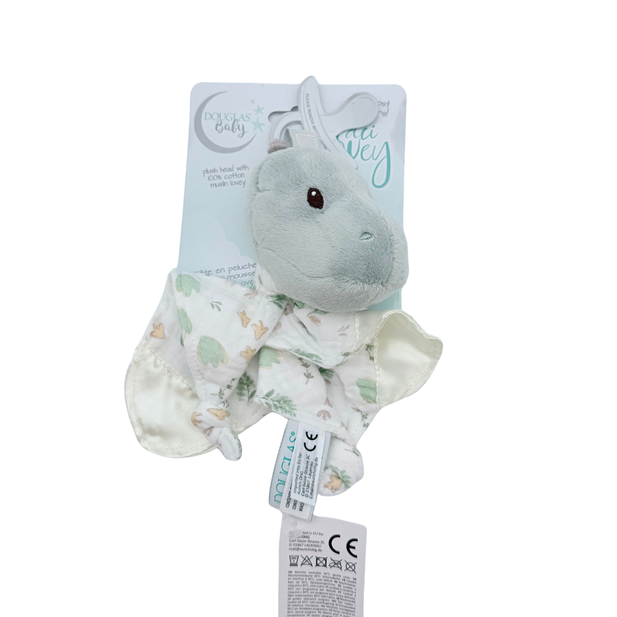Doudou attache-sucette dinosaure vert d'eau