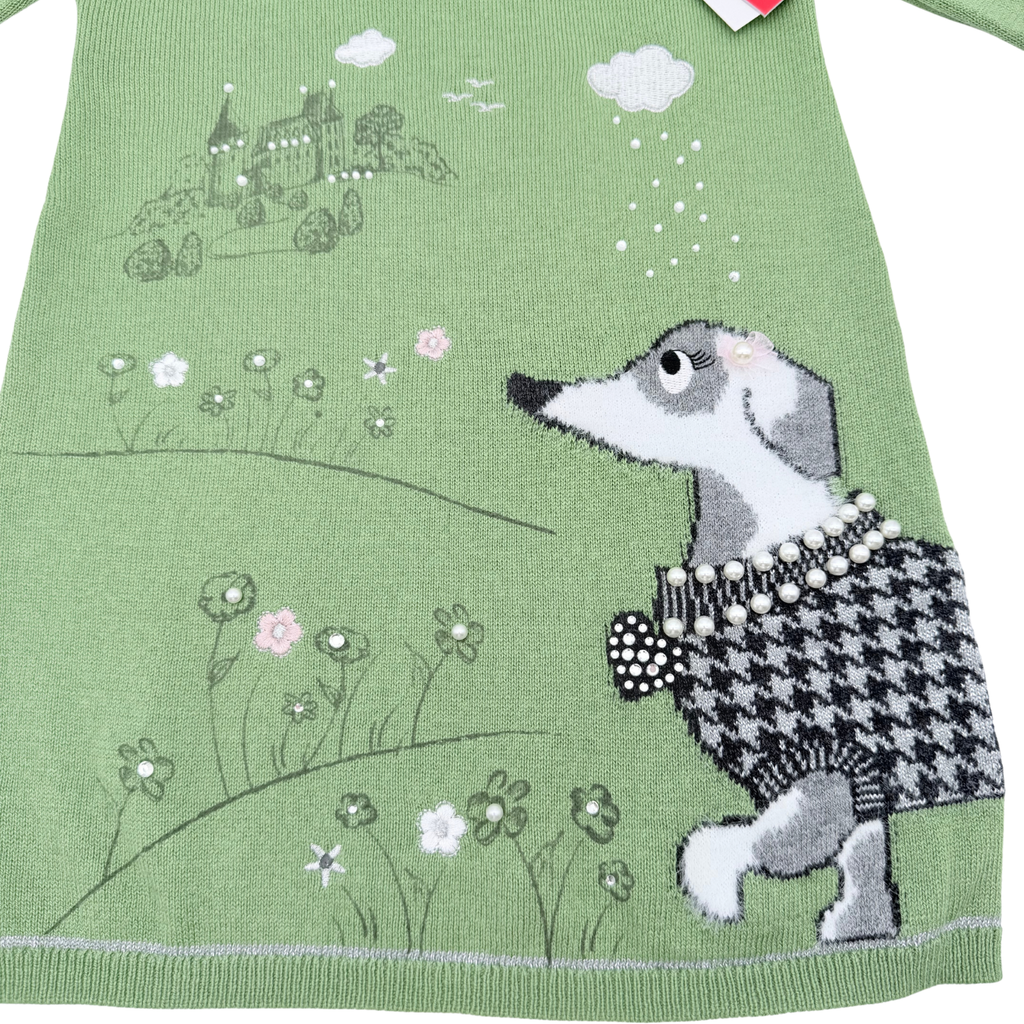 Robe en maille verte motif chien - 2 ans
