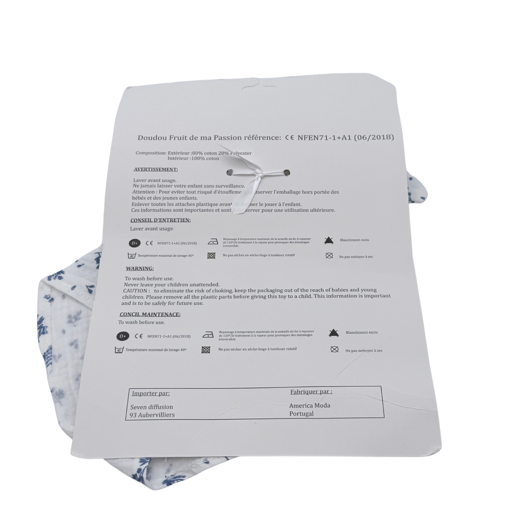 Doudou plat lapin blanc à motifs bleus
