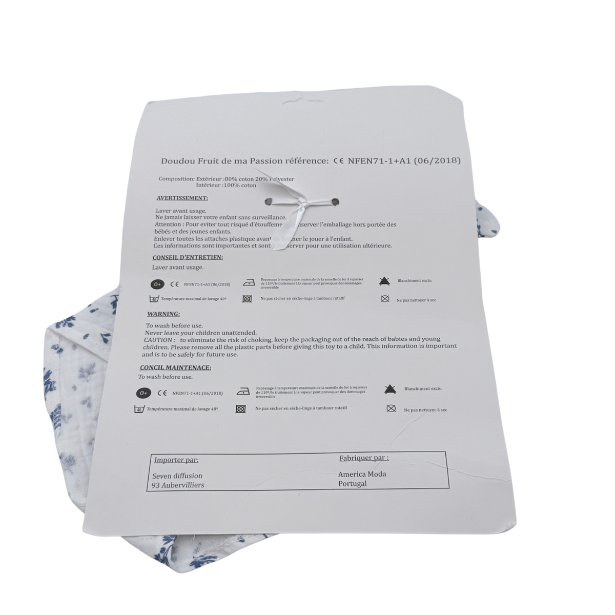 Doudou plat lapin blanc à motifs bleus