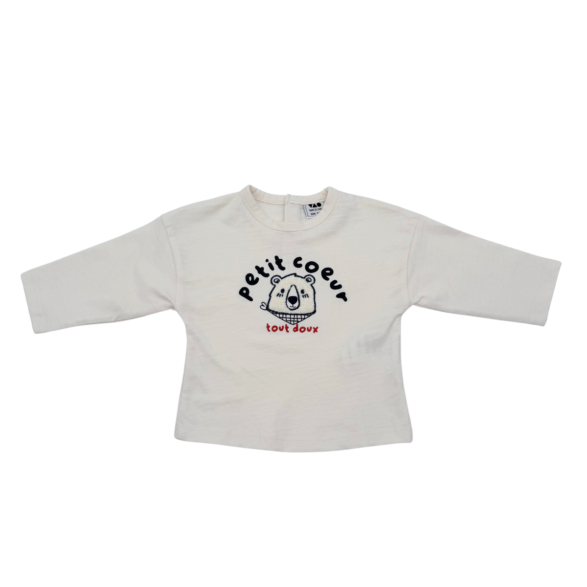 T-shirt manches longues écru motif ours “Petit cœur tout doux” - 12 mois