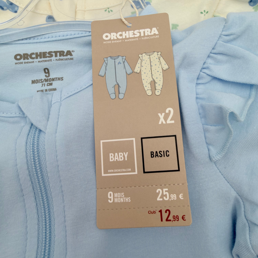 Lot de 2 pyjamas bébé zippés bleu - 9 mois
