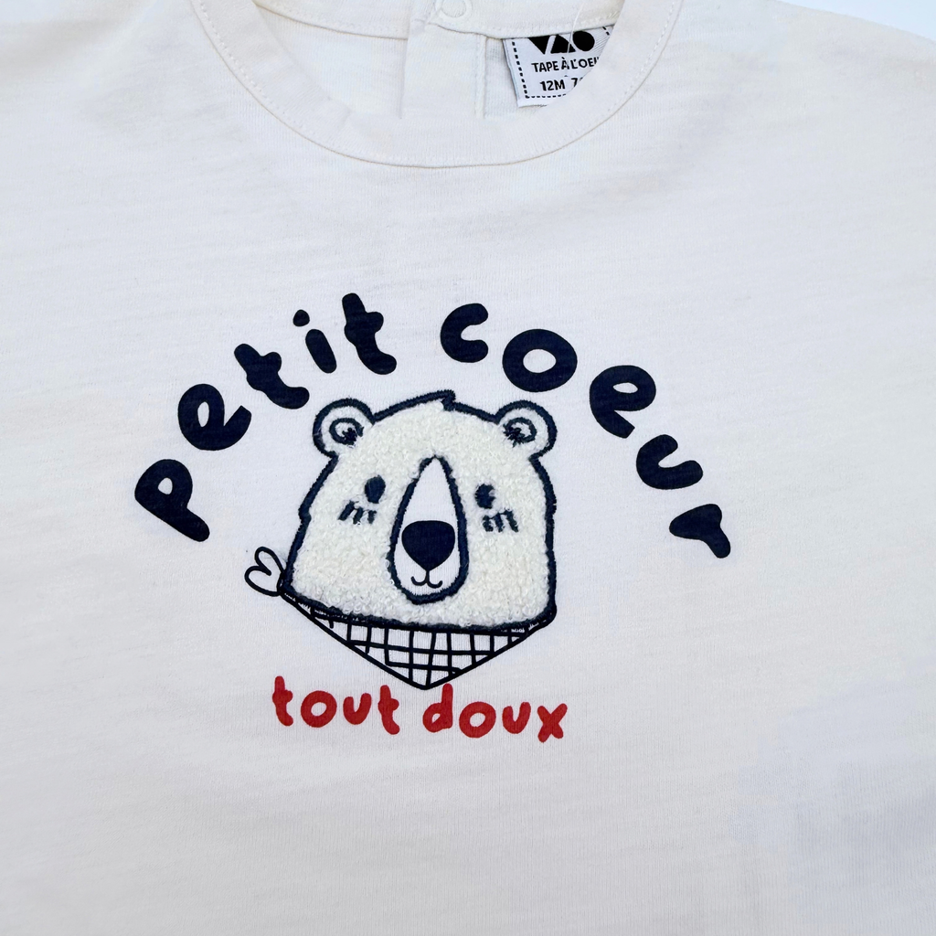 T-shirt manches longues écru motif ours “Petit cœur tout doux” - 12 mois