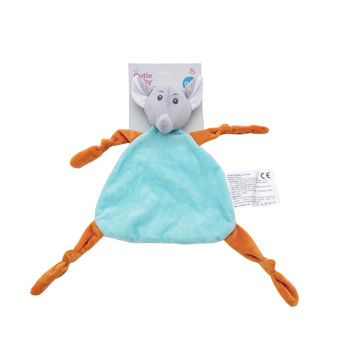 Doudou plat éléphant turquoise et orange