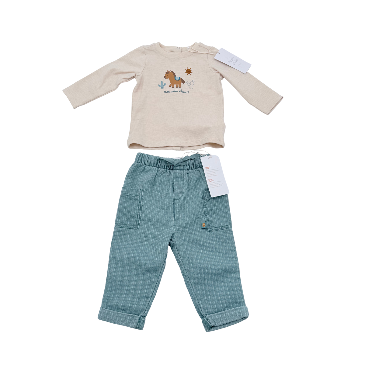 Ensemble bébé t-shirt et pantalon beige et bleu - 6 mois