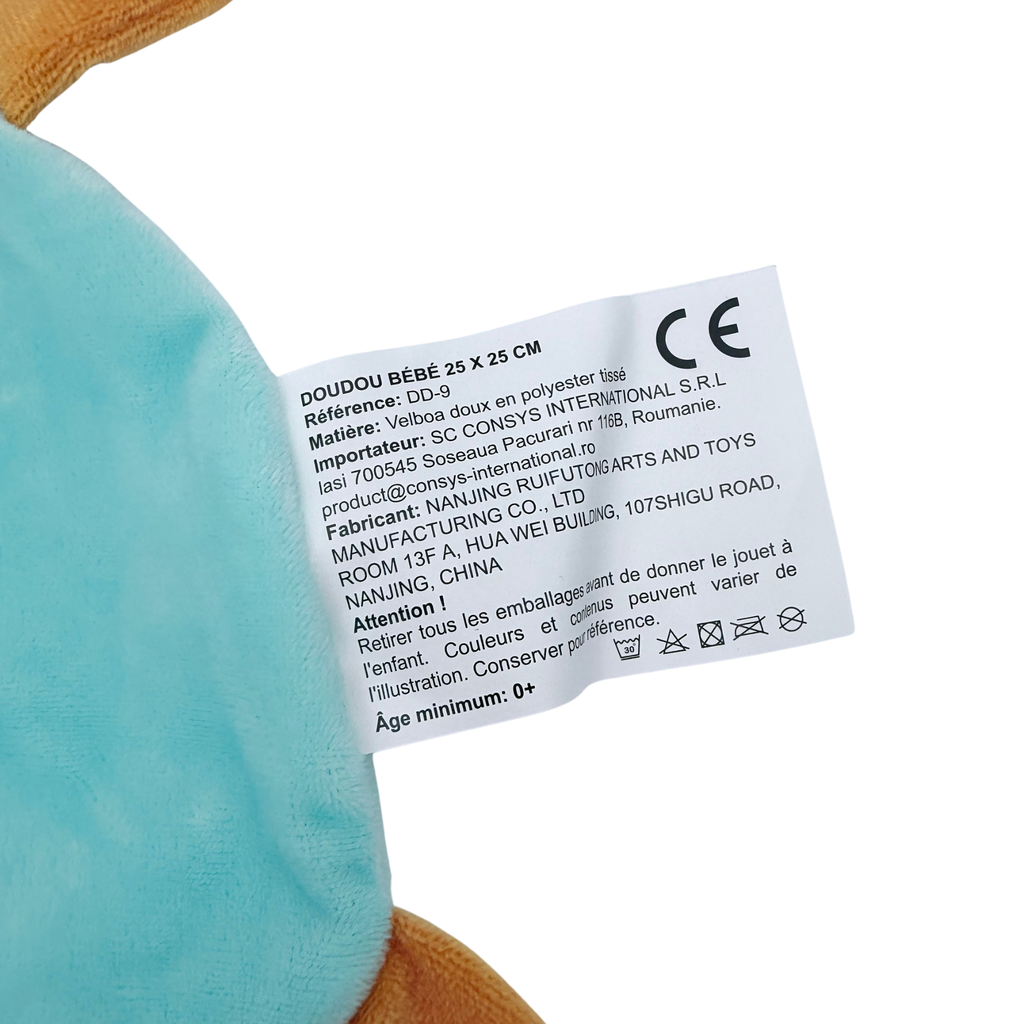 Doudou plat éléphant turquoise et orange