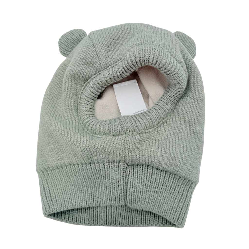 Cagoule en maille vert sauge motif ourson - 6-12 mois