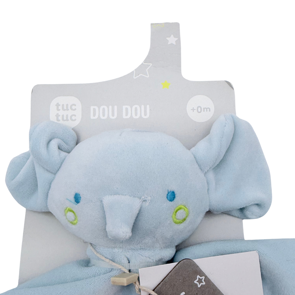 Doudou plat éléphant bleu ciel à nouettes