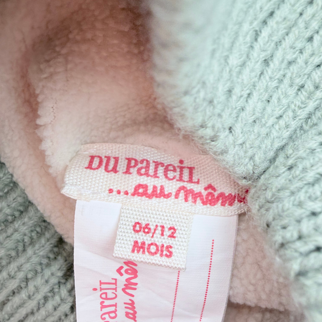Cagoule en maille vert sauge motif ourson - 6-12 mois