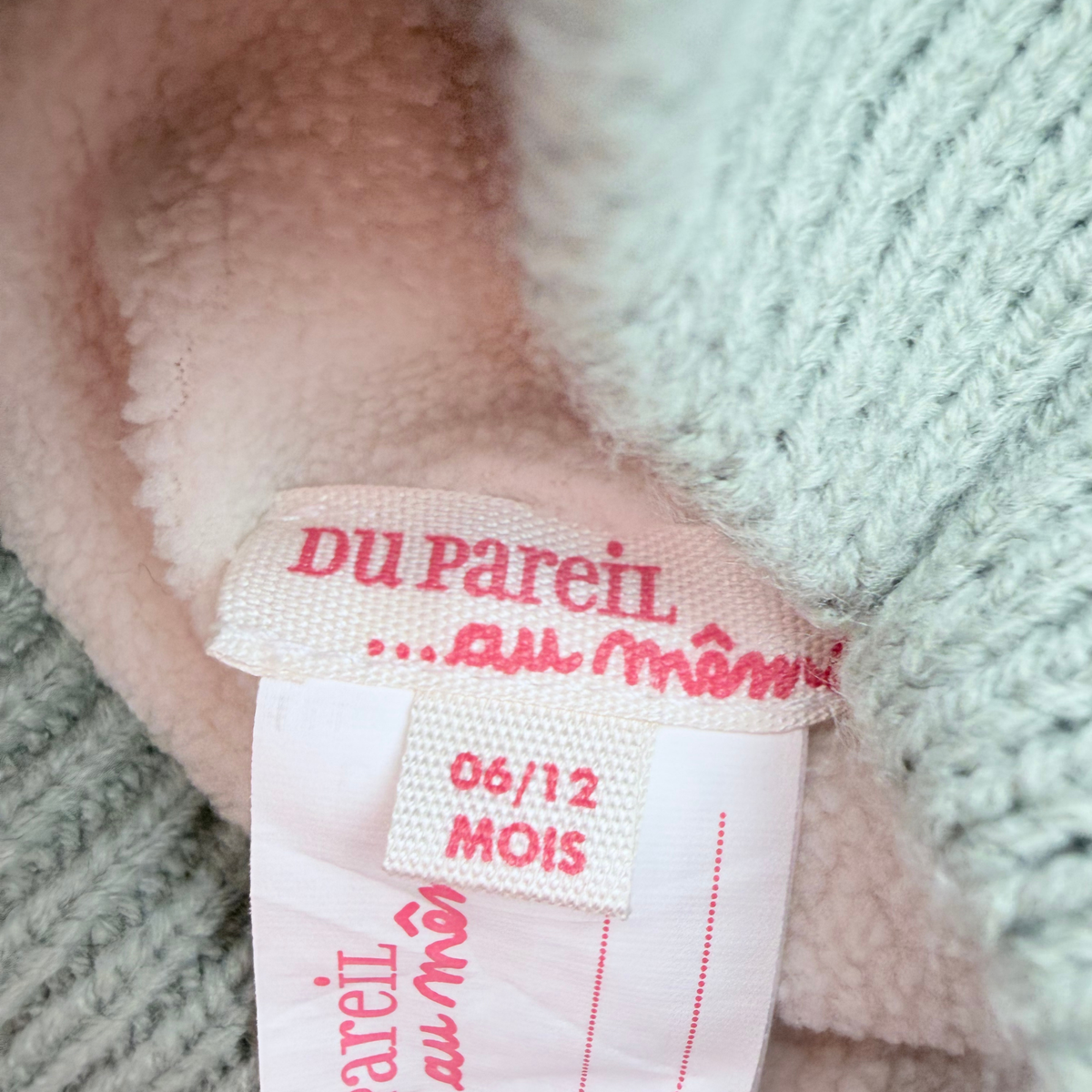 Cagoule en maille vert sauge motif ourson - 6-12 mois