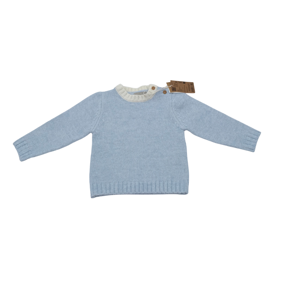 Pull bébé bleu ciel en maille avec col écru - 9 mois