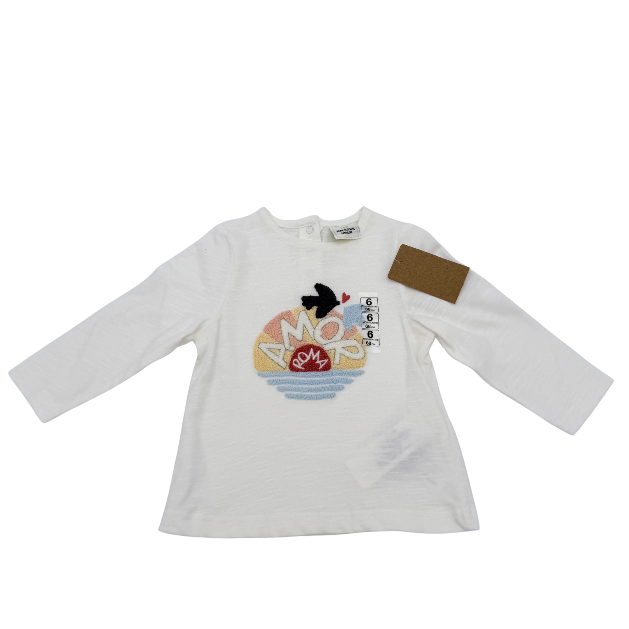 T-shirt blanc manches longues motif “Amor Roma” — 6 mois
