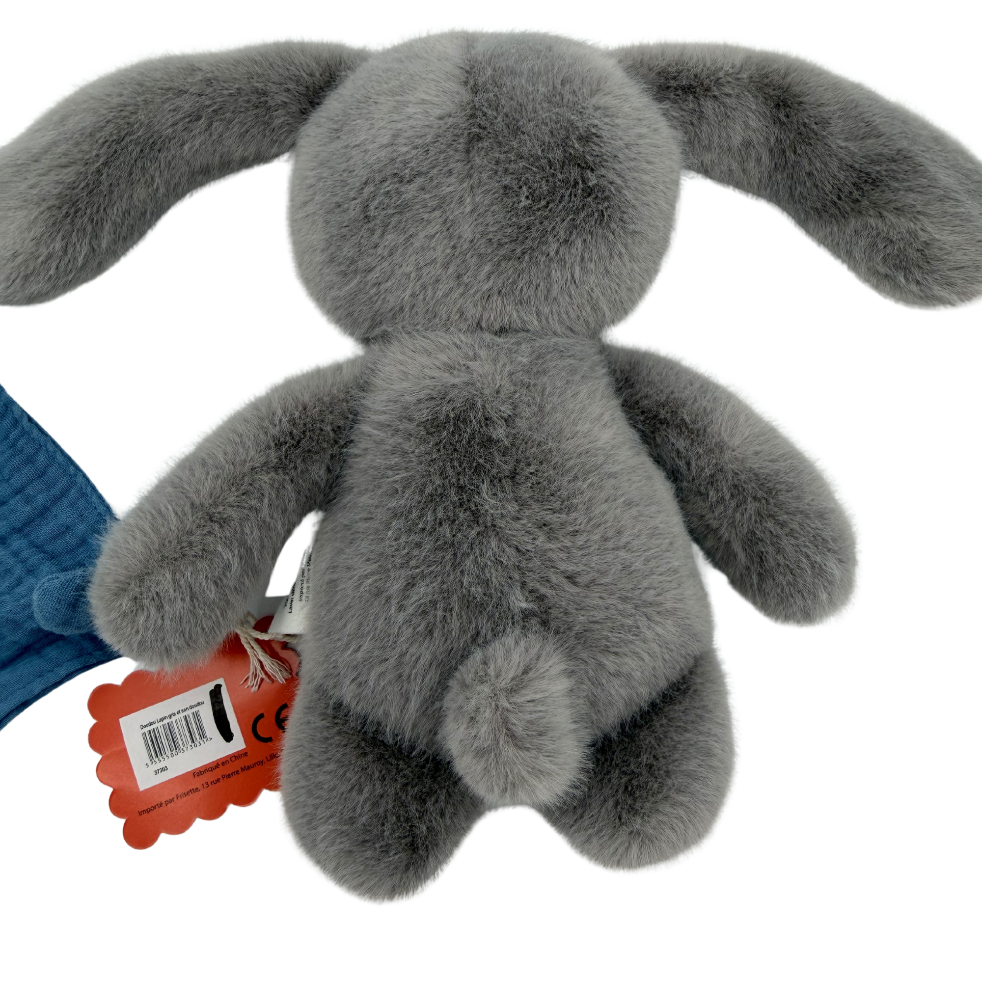 Peluche lapin gris et son doudou bleu