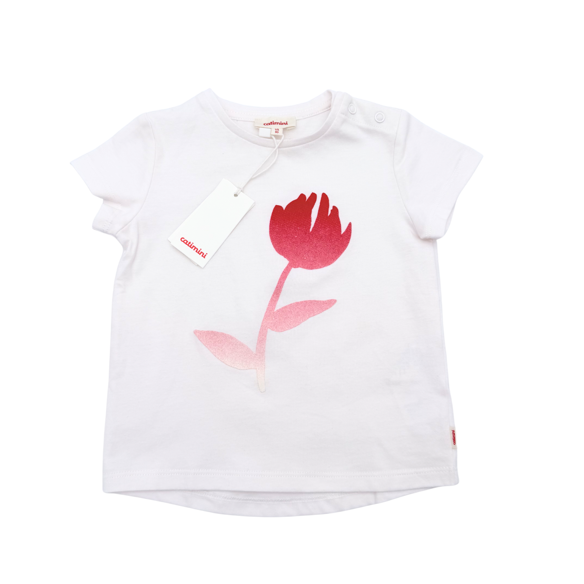 T-shirt blanc fleur rose métallisée — 18 mois