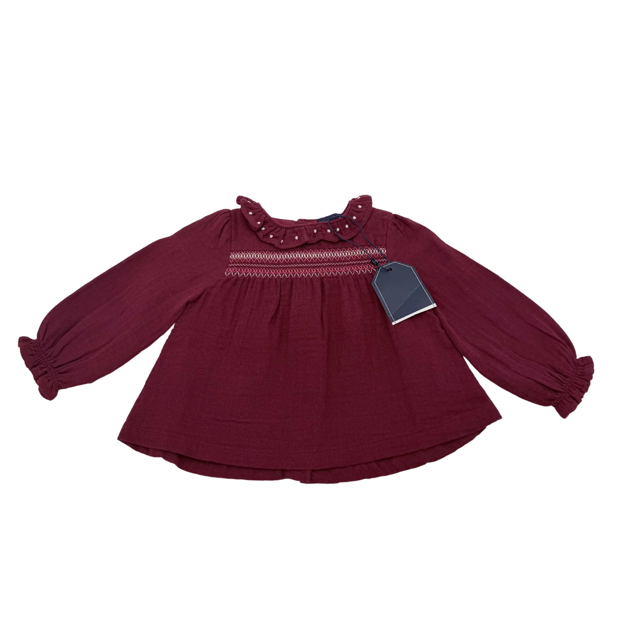 Blouse bordeaux broderie smockée — 24 mois