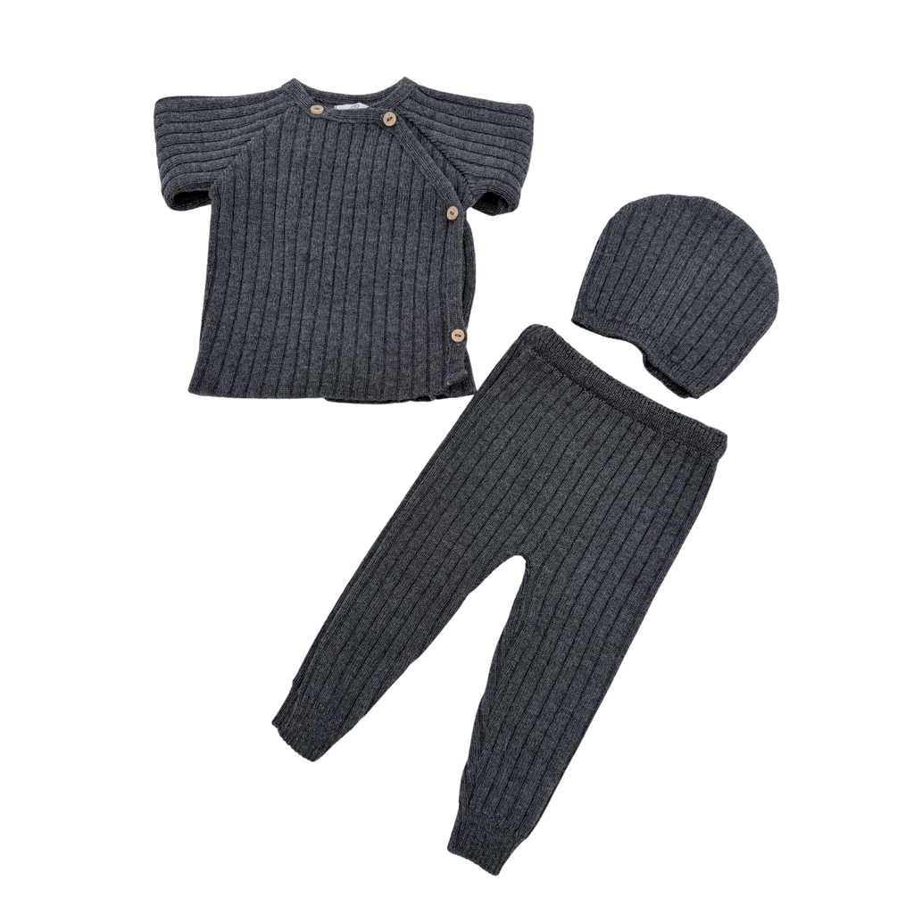 Ensemble maille côtelée anthracite bébé avec bonnet — 6 mois