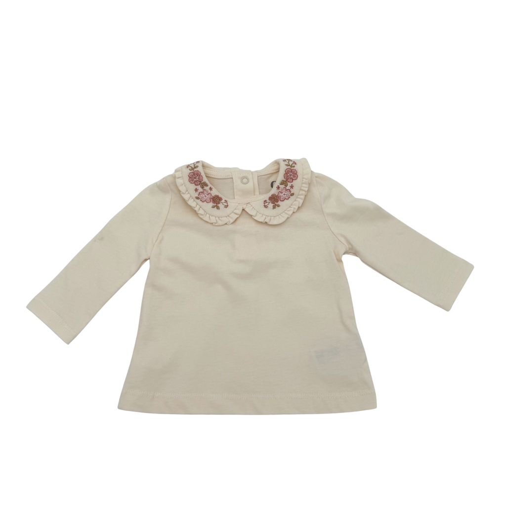 T-shirt bébé col brodé fleuri — 2-3 mois