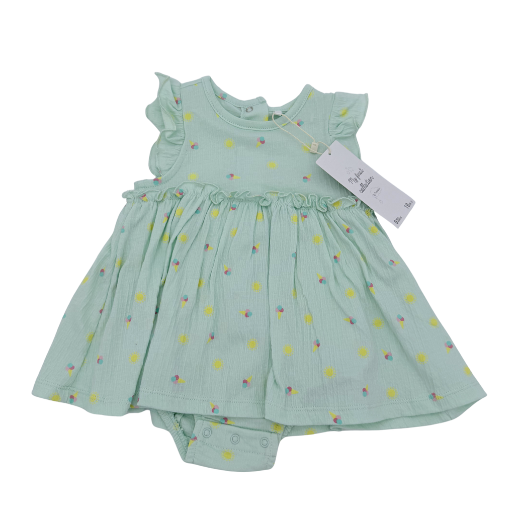 Robe-body vert d’eau imprimé soleils et glaces — 6 mois