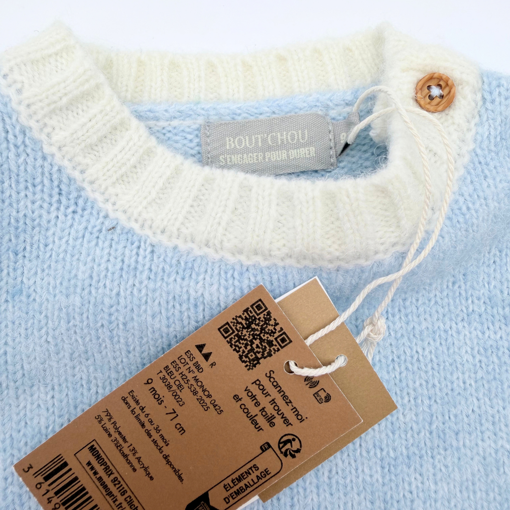 Pull bébé bleu ciel en maille avec col écru - 9 mois