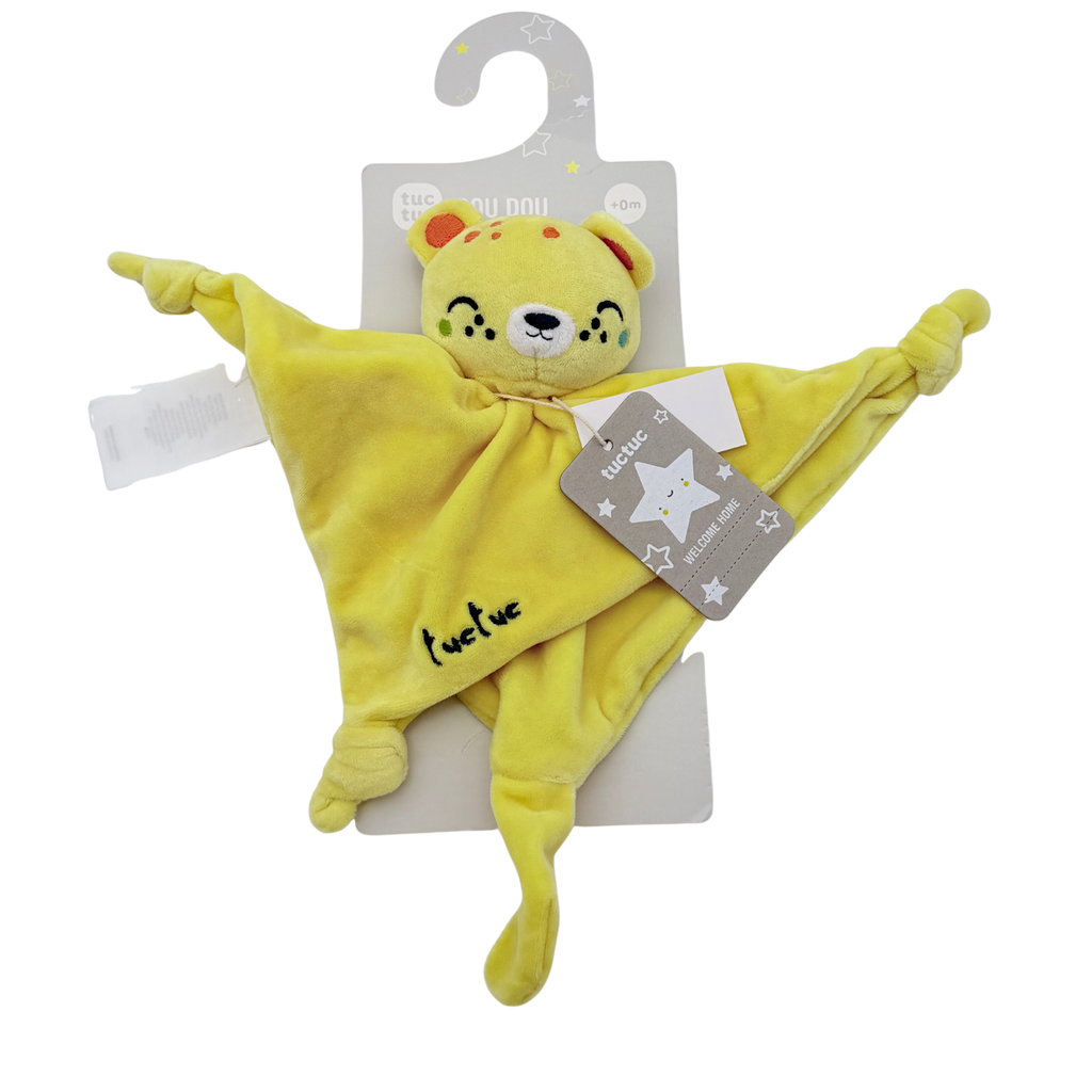 Doudou plat bébé léopard jaune à quatre nœuds