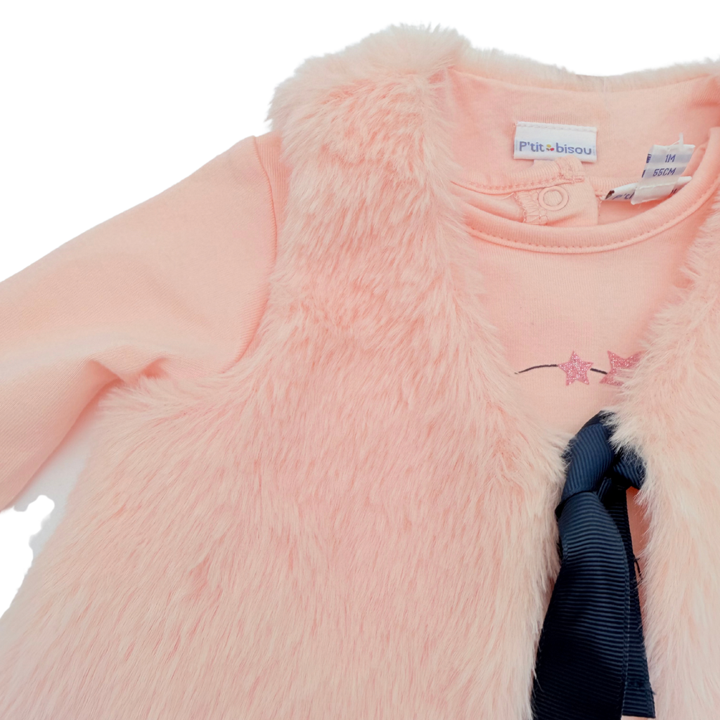 Haut bébé rose avec gilet en fausse fourrure - 1 mois
